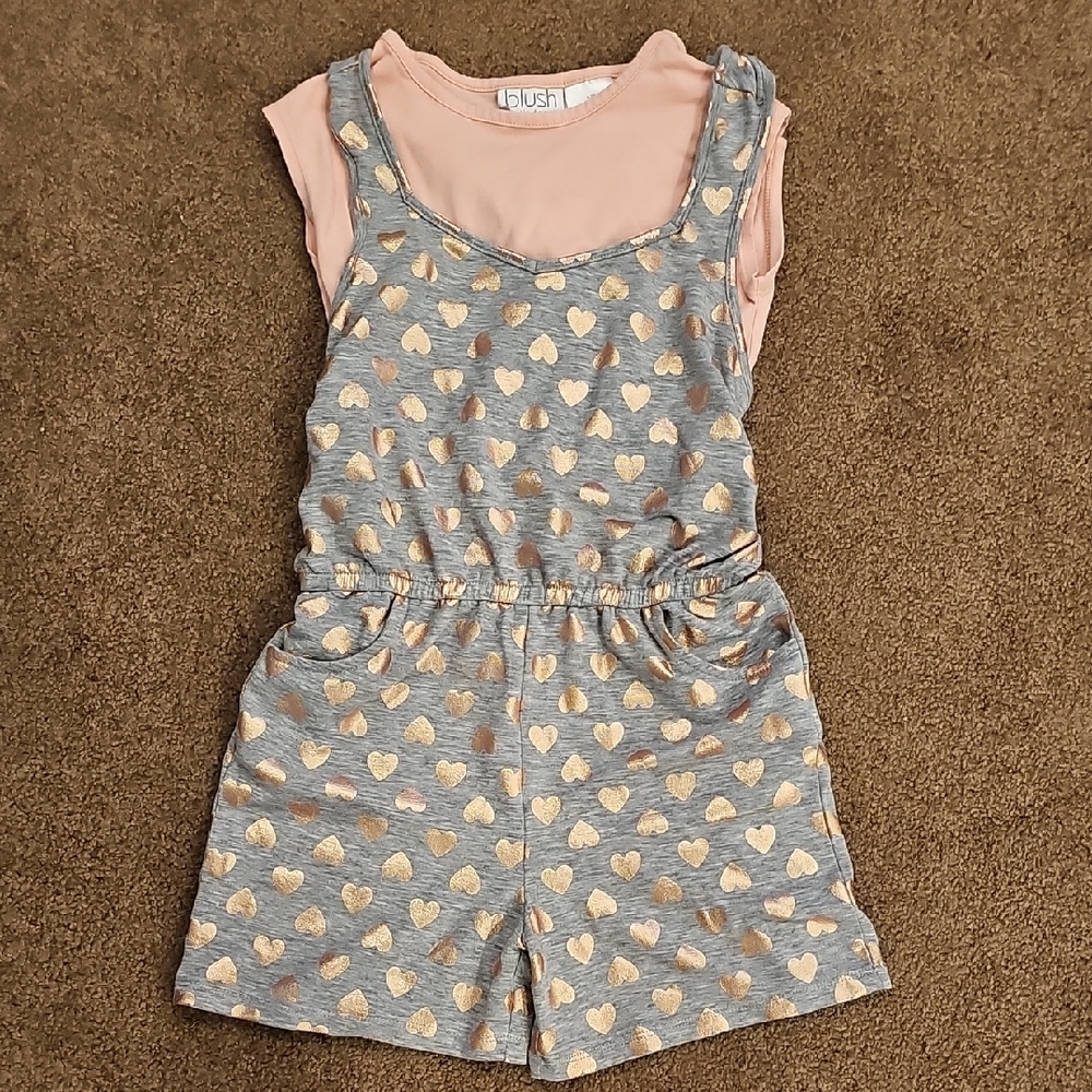 Blush Kids Heart Print Romper - Gray and Rose Gold